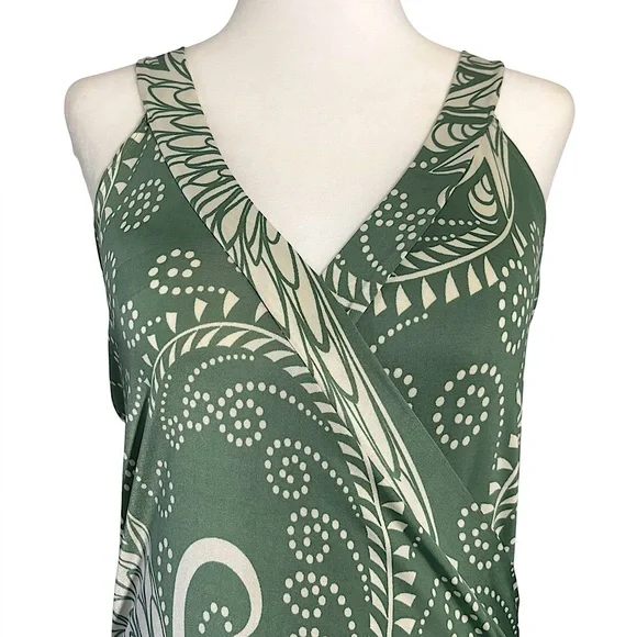 Y2K Vintage Paisley Swirl Draped Cowl Ruched Sage Green Wrap Tank Top Medium - Picture 2 of 10
